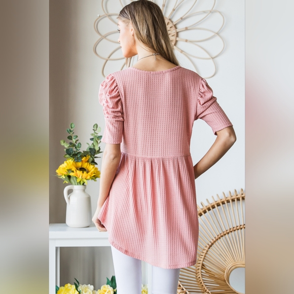 New Launch From Designer HEIMISH Full Size Waffle Knit V-Neck Babydoll Top - Picture 10 of 13